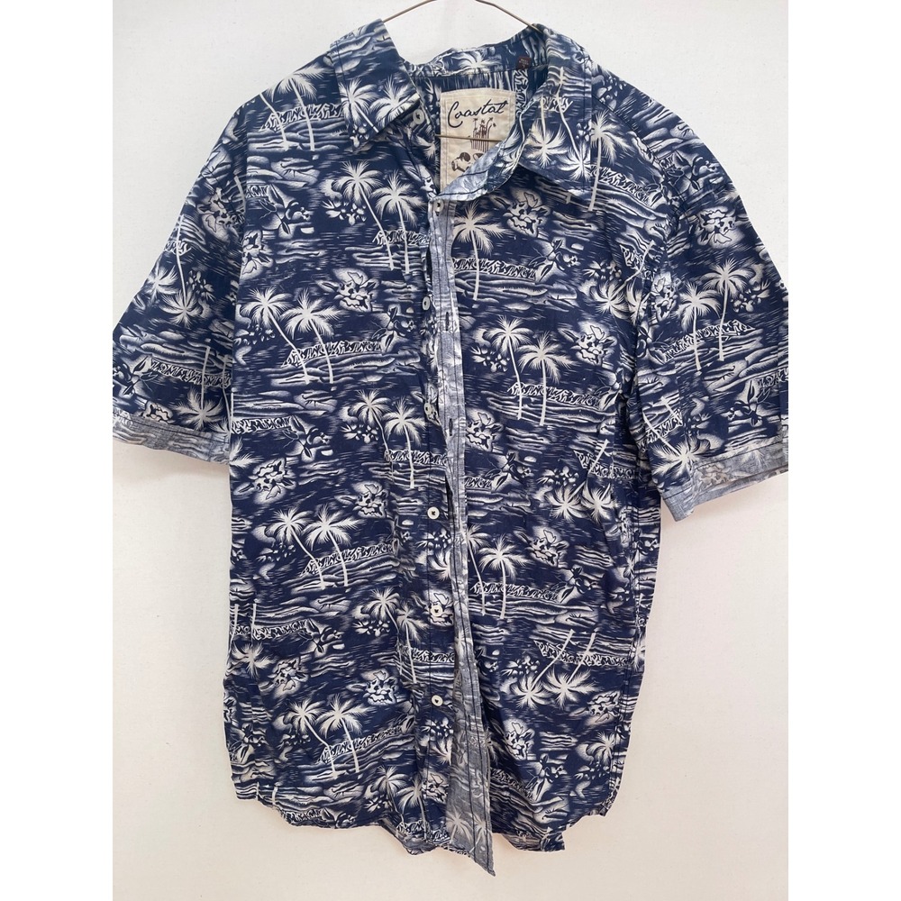 Coastal Mens Large Navy Blue Tropical Palm Hawaiian Button Down Shirt Cotton